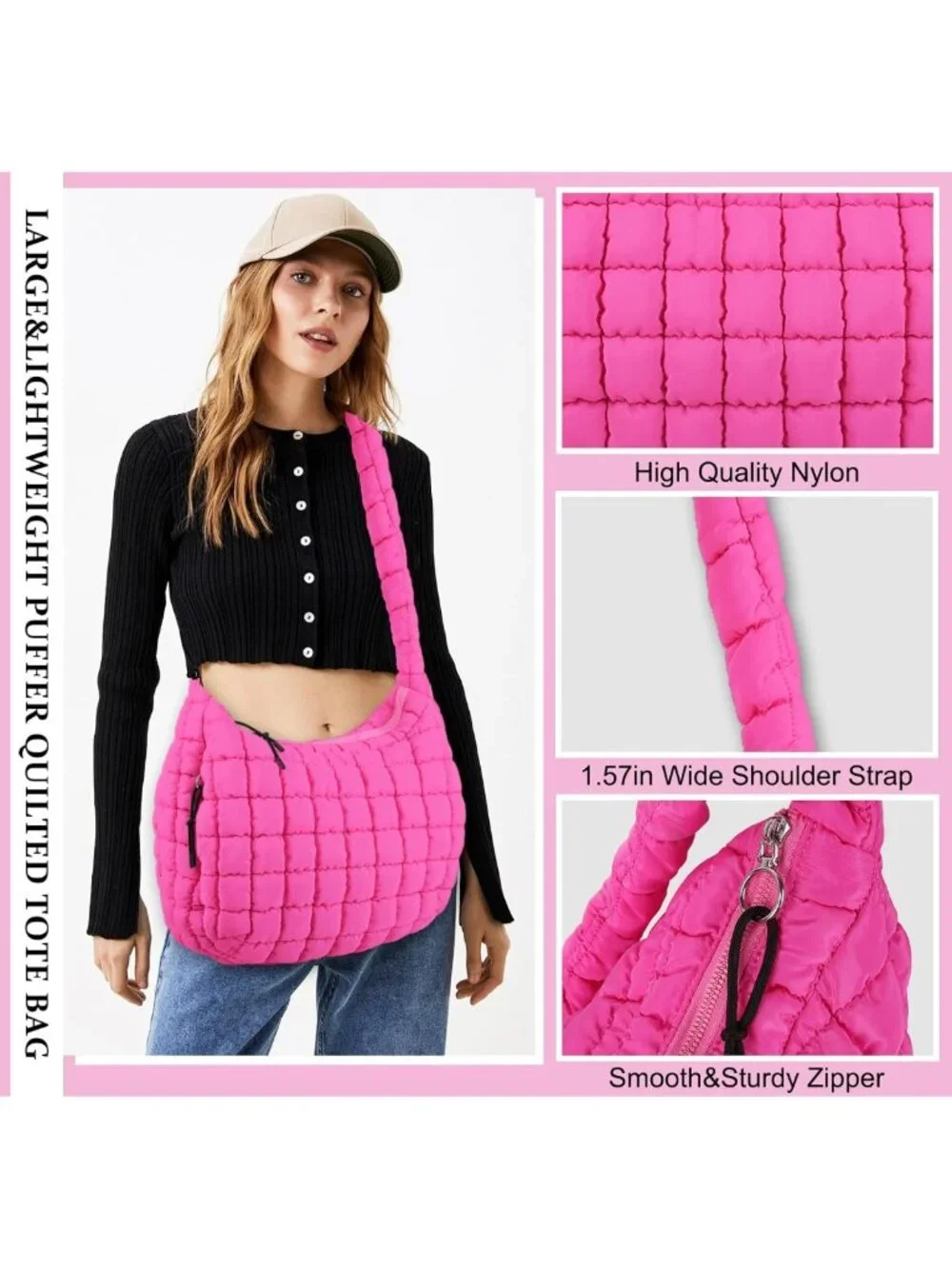 Lightweight Quilted Puffer Tote Bag | Puffy Crossbody Shoulder Hobo Purse
